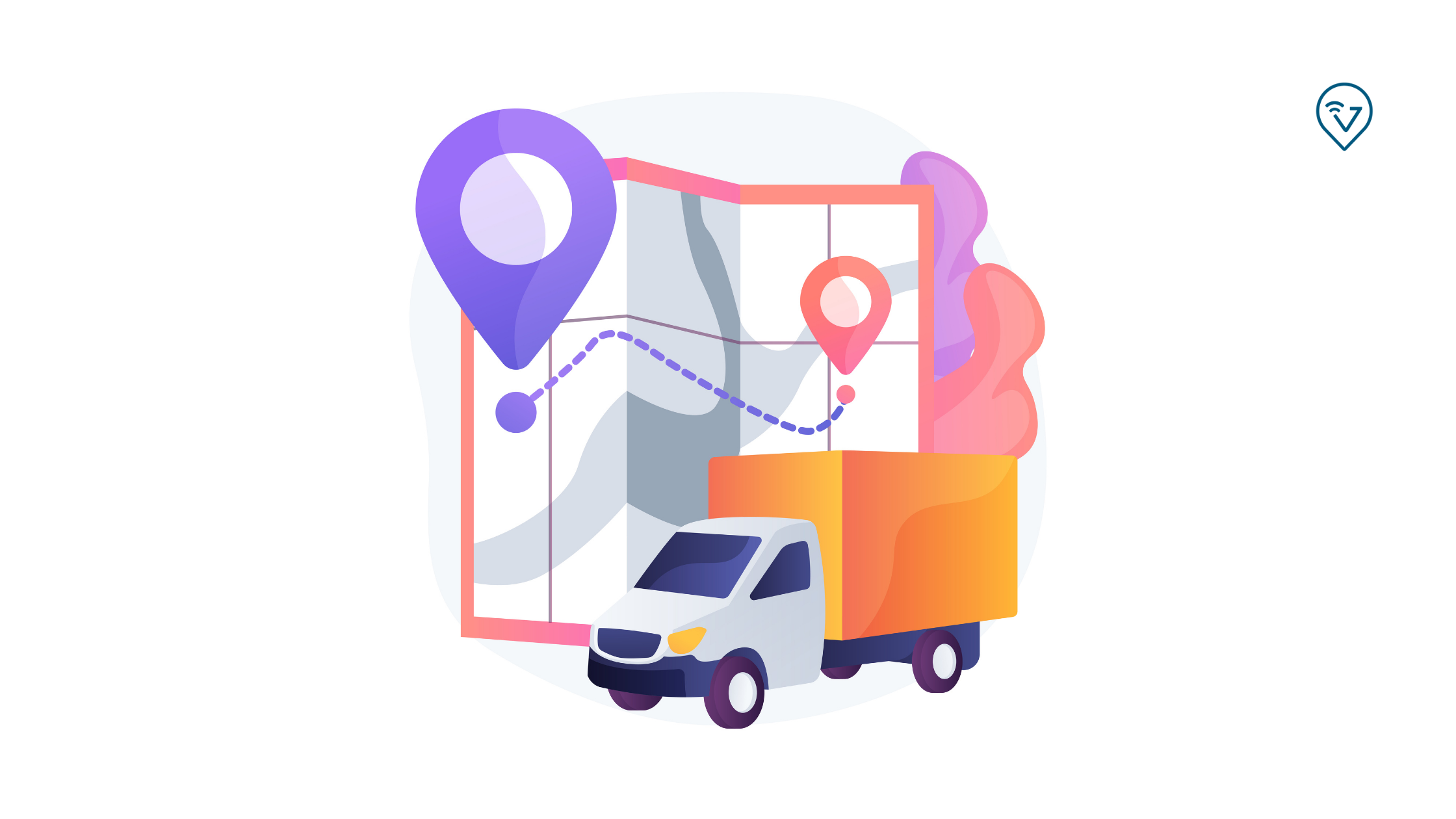 Controle de jornada do motorista, caminhão com mapa e dois pins de localização