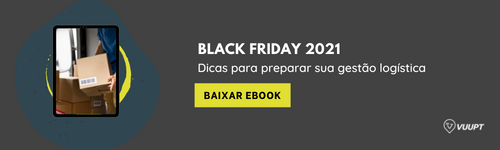 Banner com tablet com imagem de homem carregando caixa, mensagem dizendo para baixar um ebook sobre gestão de entregas para a Black Friday