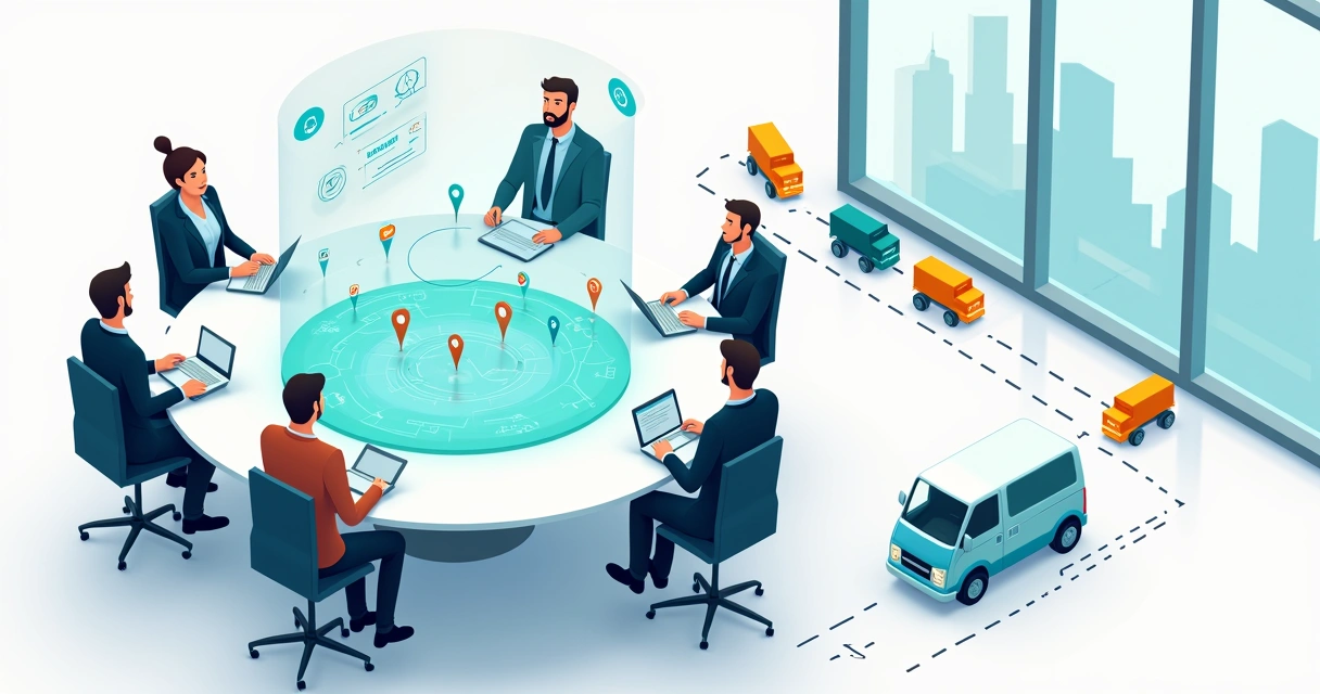 Gestores observam painel digital com ícones de tecnologia e frota de entrega